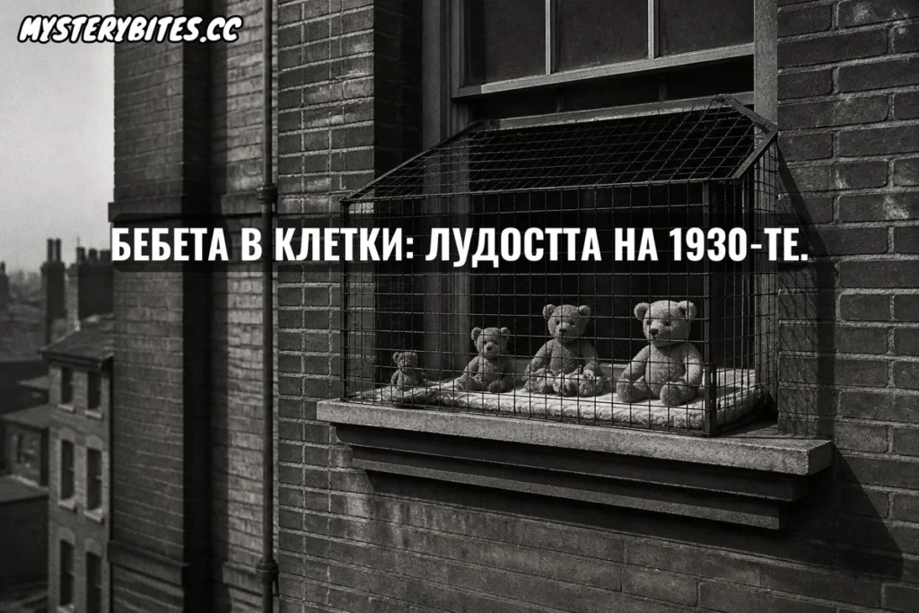 През 1930-те години в Лондон това не е било жестокост, а върхът на напредналото и отговорно родителство. Заради бруталния градски задух и медицинската мода за „проветряване“, хиляди майки масово купуват патентовани метални кафези и ги забиват с няколко болта директно в дограмата на високите етажи. Бебетата са висели над пропастта сред индустриалния дим, докато семействата им са вярвали, че им осигуряват перфектен имунитет. Тази масова лудост спира едва когато над града започват да валят шрапнели.