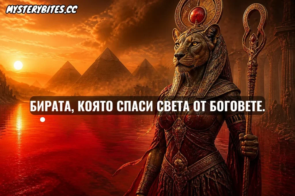 Когато разгневеният бог Ра изпуска от контрол своето най-страшно оръжие – лъвчеглавата богиня Сехмет, краят на света изглежда напълно сигурен. Дори самите богове се оказват безсилни пред нейната кръвна ярост, а хората прекарват последната си нощ на Земята. Това, което следва обаче, е най-сюрреалистичният обрат в историята на митологията, включващ 7000 стомни червен алкохол.