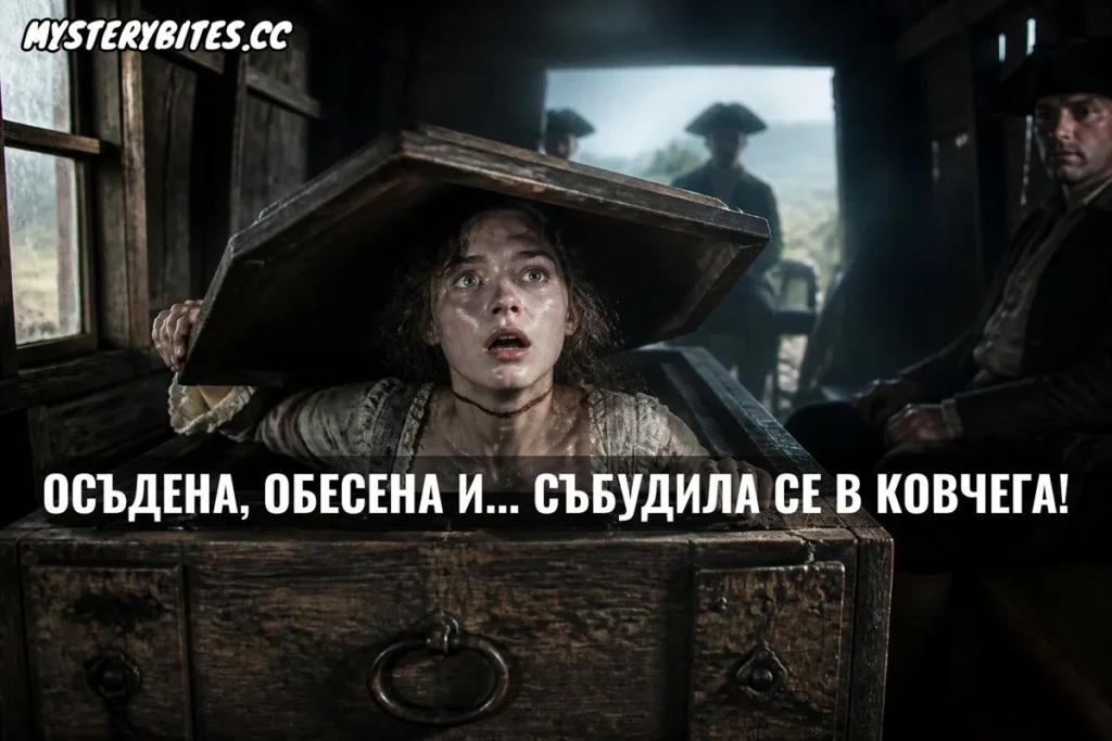 През 1724 година в Единбург Меги Диксън е официално обесена, а лекарите потвърждават смъртта ѝ пред хиляди зрители. Когато обаче носачите спират за бира, от затворения ковчег се чува брутално блъскане – „мъртвата“ Меги е много жива и изправя съда пред невиждан правен и морален парадокс.