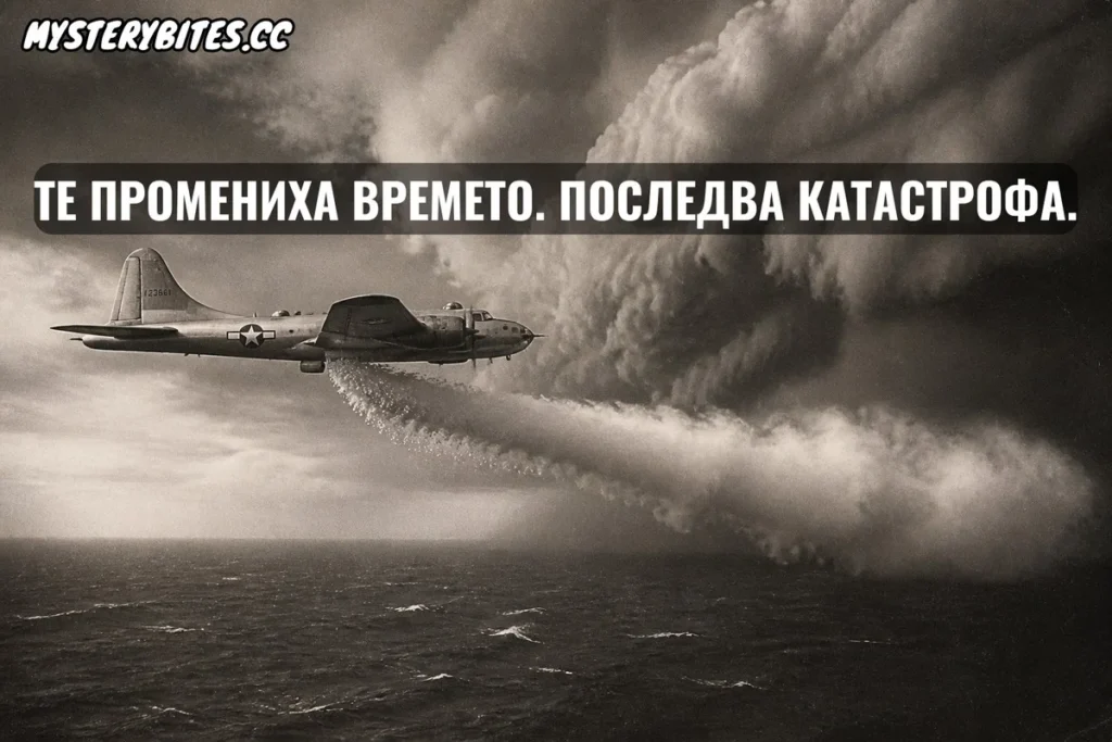 Когато през 1947 г. ураганът кротко се оттегля в океана, никой в град Савана не подозира, че над облаците лети военен бомбардировач с учени от Проект „Цирус“. Само минути след като те изсипват 180 паунда сух лед в сърцето на стихията, природата прави брутален обратен завой на 130 градуса и се устремява към сушата с унищожителна мощ. Беше ли чиста метеорологична случайност, или шокиращ провал на опит да се престорим на богове?