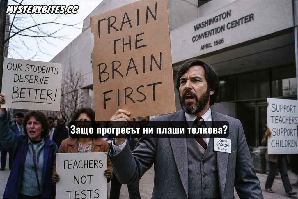 През 1986 г. група разгневени учители по математика, водени от легендарния Джон Саксън, излязоха на протест във Вашингтон срещу... калкулаторите в училище. Те бяха убедени, че децата ще изгубят способността си да мислят самостоятелно, а умовете им ще бъдат необратимо увредени от технологиите. Днес, 40 години по-късно, преживяваме същата паника и страх от ChatGPT и изкуствения интелект. Разберете как забраненият бутон от миналото ни дава най-важния урок за оцеляването ни в дигиталното бъдеще.